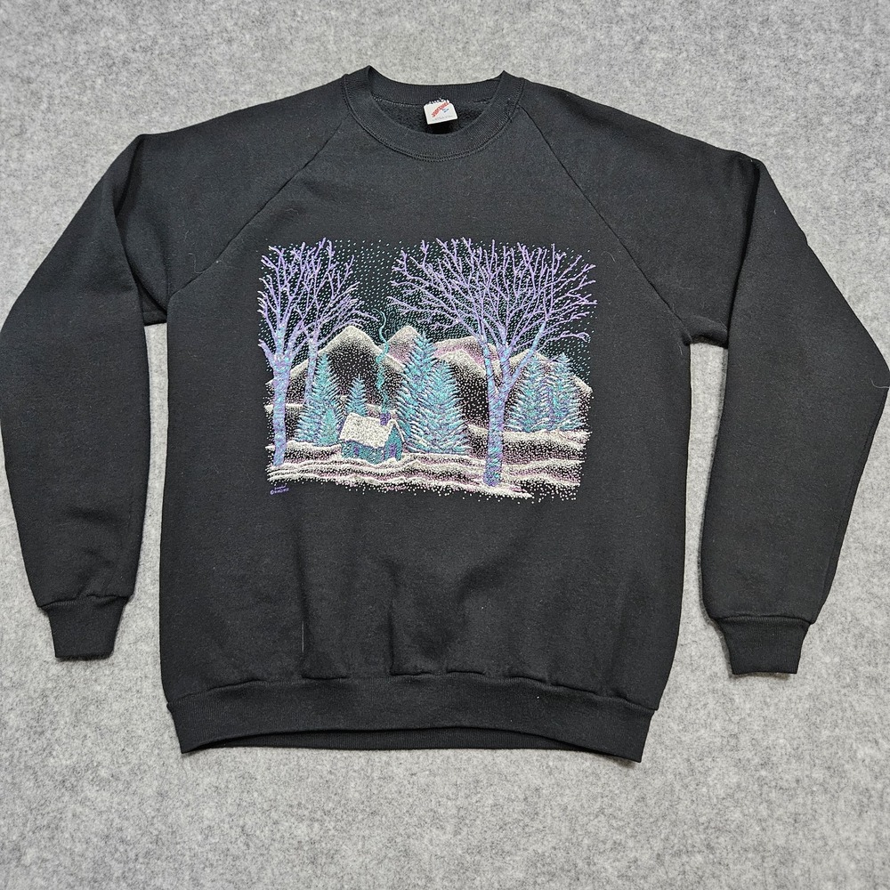 Vintage 90s Palomar Mountain California Snow Puff Paint Black Sweatshirt Jerzees